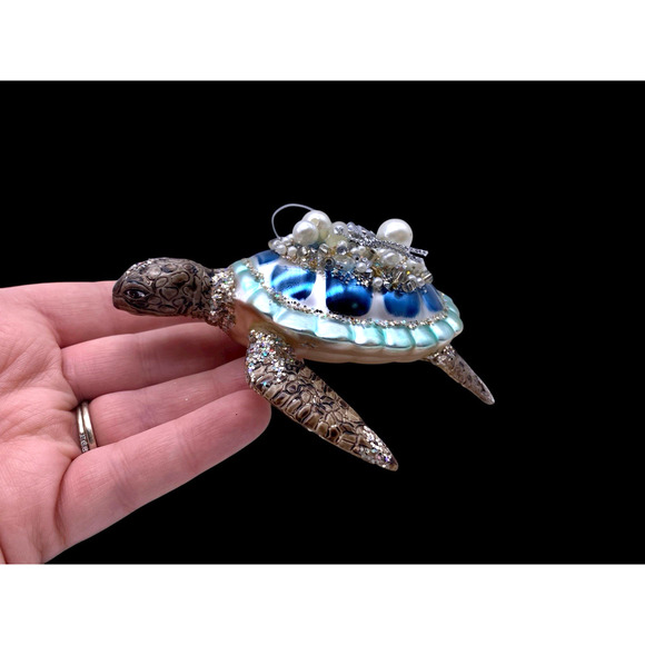 Sea Turtle Christmas Ornament Mercury Glass Jewel Encrusted Beachy Ocean Life 5" - Picture 6 of 11